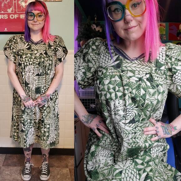 Jade Fashions Made In Hawaii Green Ivory Pineapple Short Sleeve Midi Dress - Picture 1 of 7